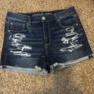 American Eagle Outfitters Navy Blue Distressed High Rise Denim Shorts
